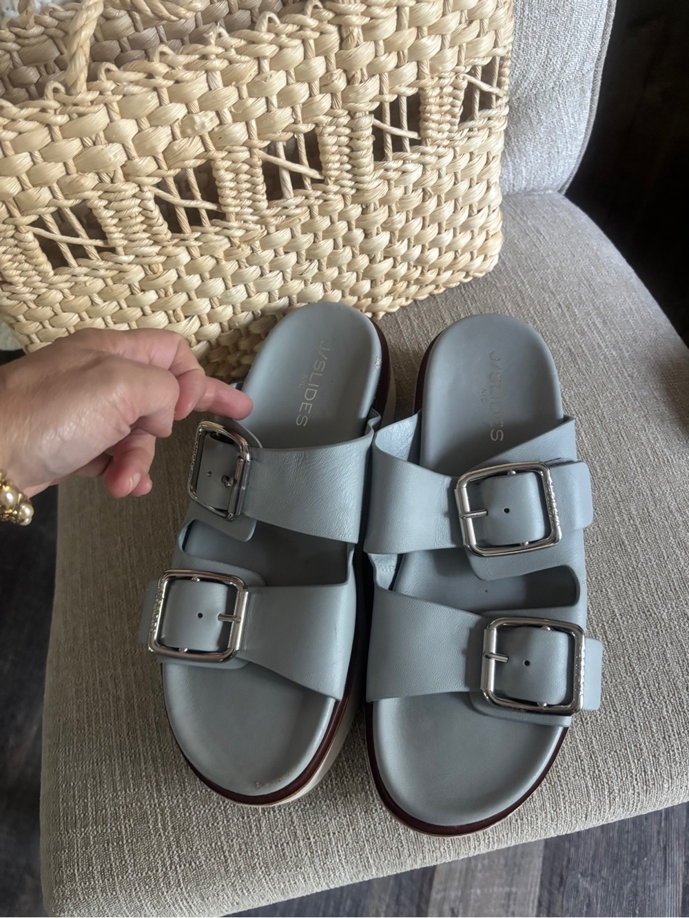 J Slides Light Gray Double-Buckle Platform Sandals with White Sole - Picture 2 of 8